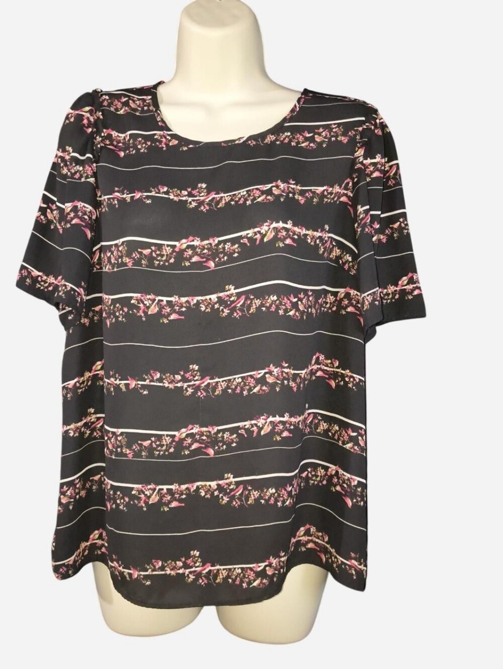 Worthington Black Blouse with Pink Floral Stripe Accents